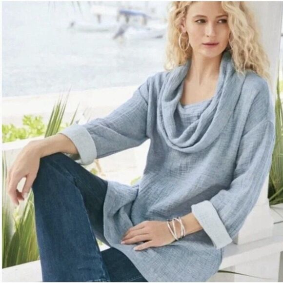 Soft Surroundings Taylen Tunic Top Womens XL Linen Cotton Blend Cowl Neck Blue - Picture 1 of 7